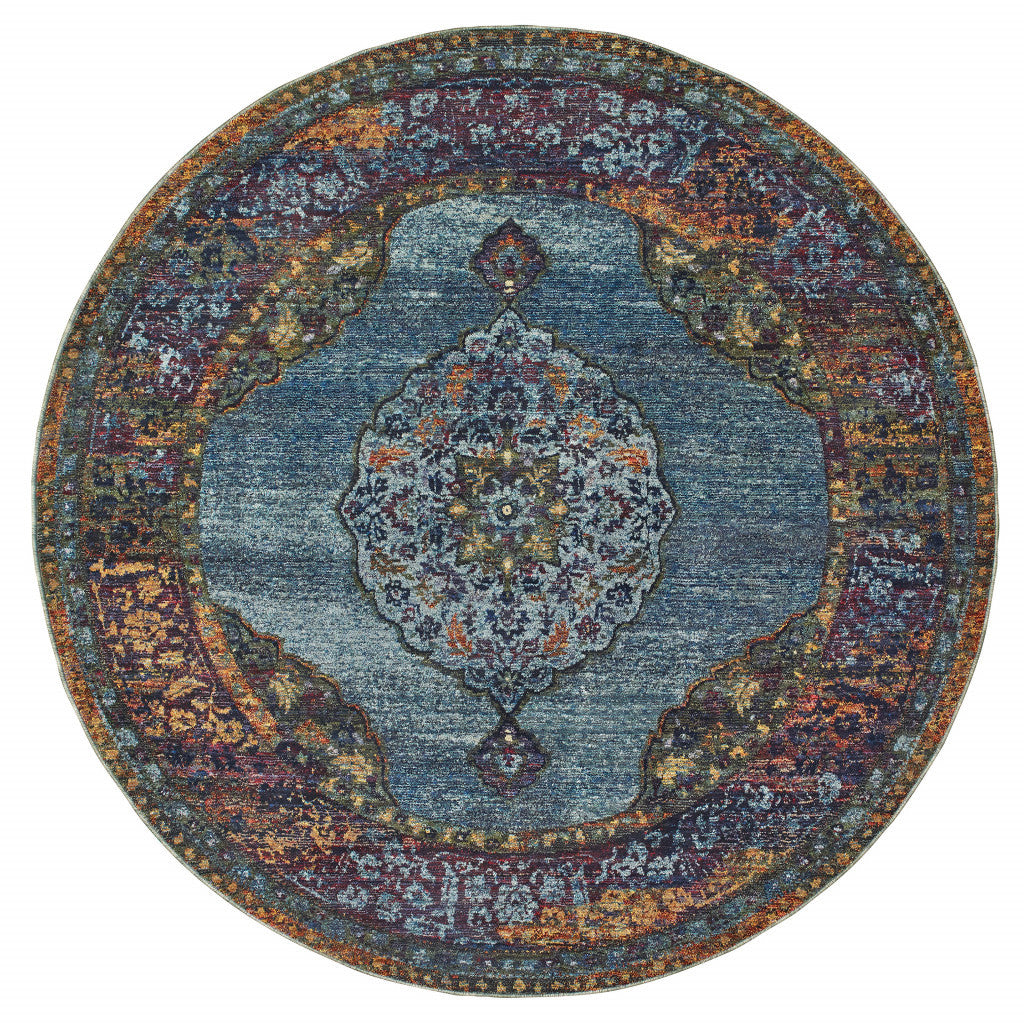 8' Blue and Beige Round Oriental Power Loom Area Rug