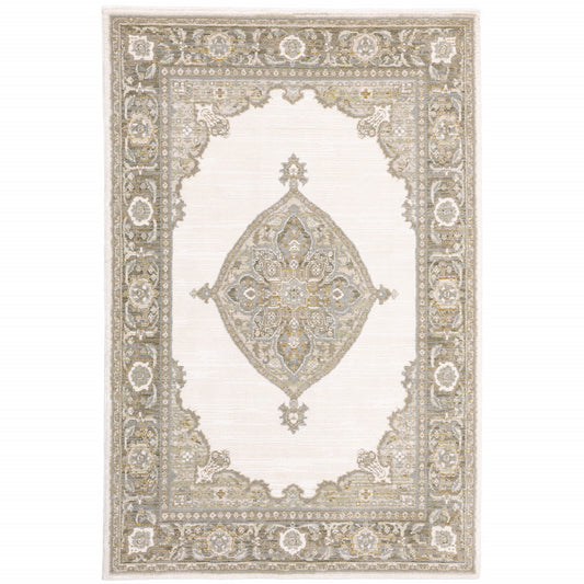 10' X 13' Beige and Ivory Oriental Power Loom Area Rug