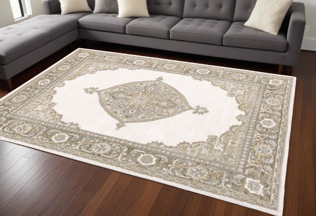 10' X 13' Beige and Ivory Oriental Power Loom Area Rug