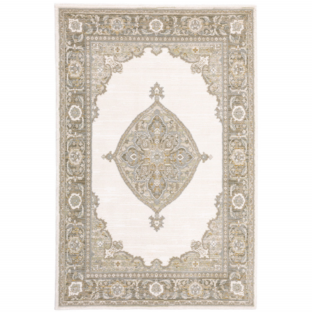 2' X 3' Beige and Ivory Oriental Power Loom Area Rug