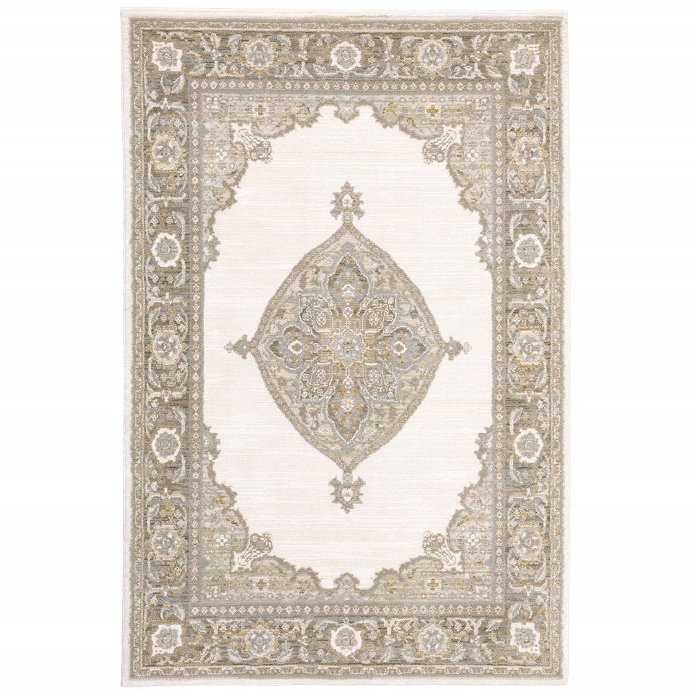 Traditional Persian-style area rug in ivory with a gray-beige border and ornate central medallion.