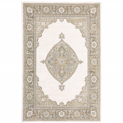 Traditional Persian-style area rug in ivory with a gray-beige border and ornate central medallion.