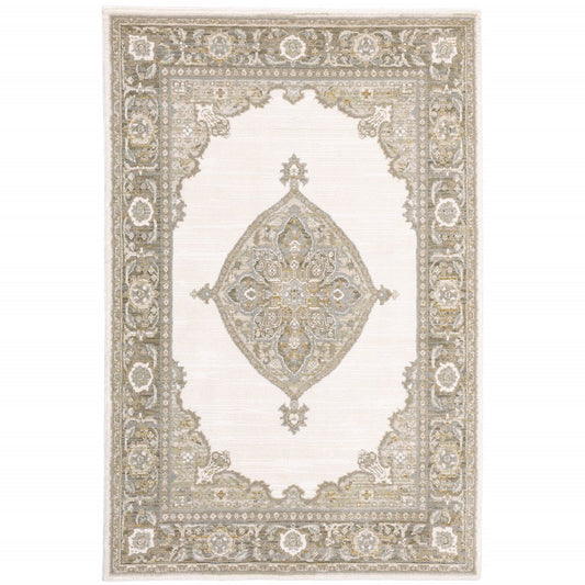 Traditional Persian-style area rug in ivory with a gray-beige border and ornate central medallion.