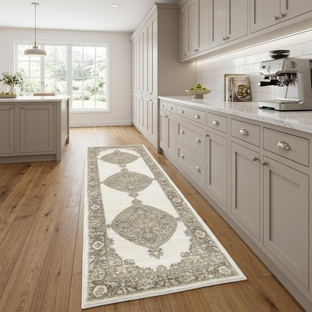8' Beige And Ivory Oriental Runner Rug
