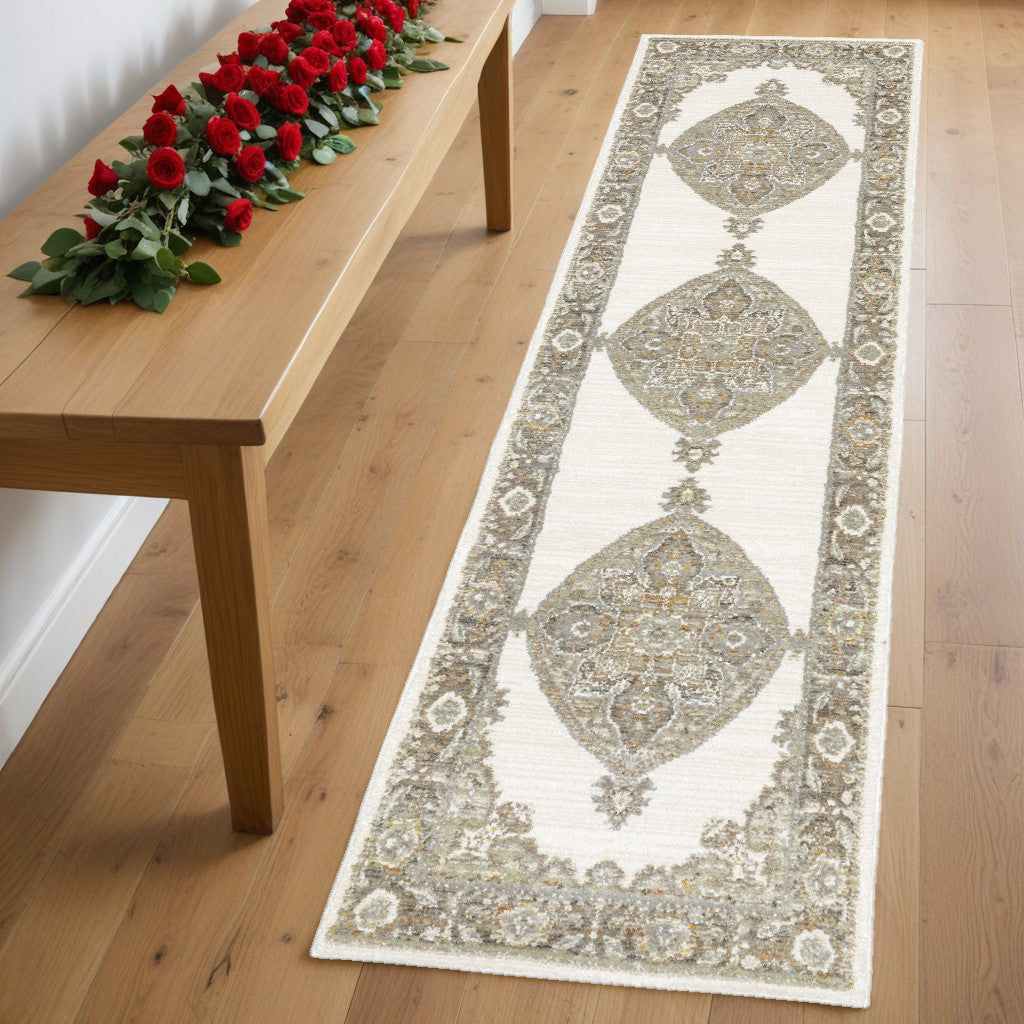 8' Runner Beige and Ivory Oriental Power Loom Runner Rug