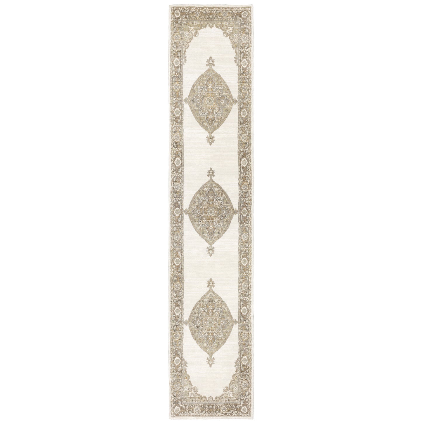 12' Runner Beige and Ivory Oriental Power Loom Runner Rug