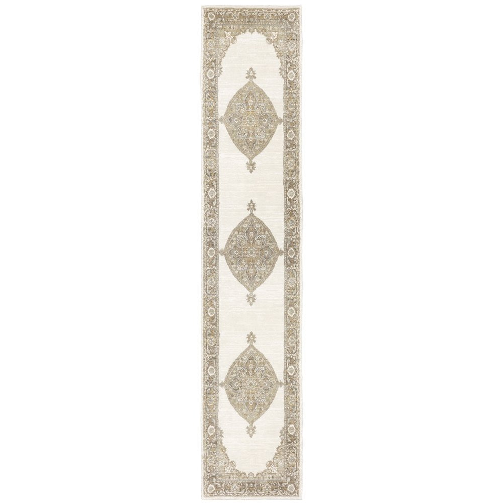 Long beige runner rug with cream base, taupe-gold medallions and floral border; traditional Persian-inspired hallway decor.