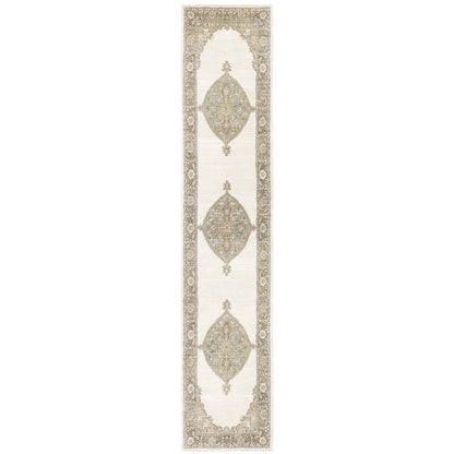 Long beige runner rug with cream base, taupe-gold medallions and floral border; traditional Persian-inspired hallway decor.