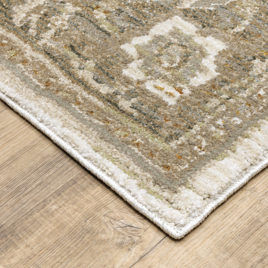 12' Runner Beige and Ivory Oriental Power Loom Runner Rug