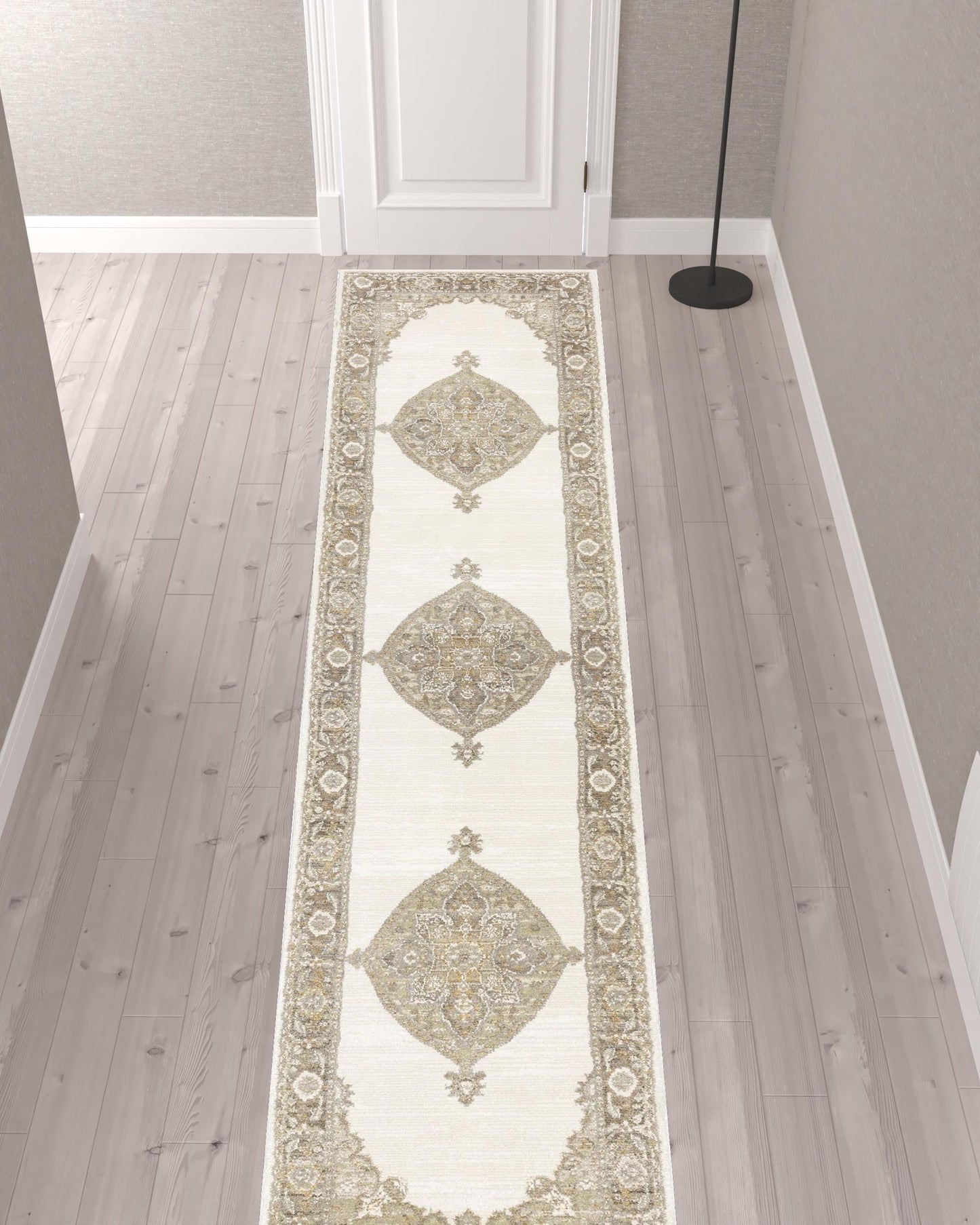 12' Runner Beige and Ivory Oriental Power Loom Runner Rug