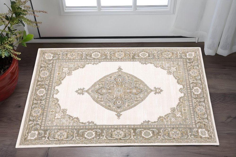 3' X 5' Beige and Ivory Oriental Power Loom Area Rug
