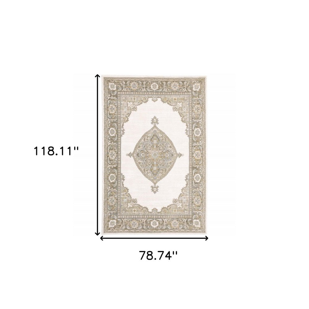 7' X 10' Beige and Ivory Oriental Power Loom Area Rug