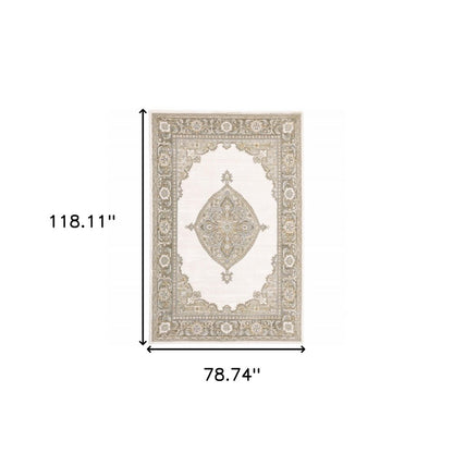 7' X 10' Beige and Ivory Oriental Power Loom Area Rug