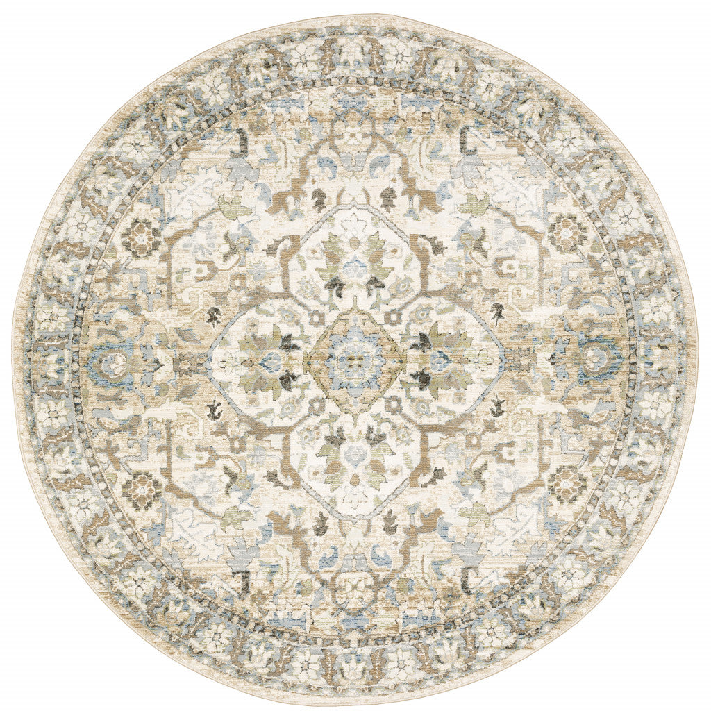 8' Beige and Ivory Round Oriental Power Loom Area Rug