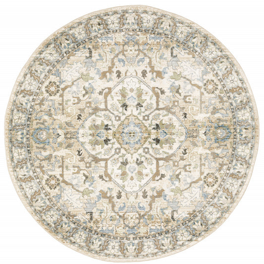 8' Beige and Ivory Round Oriental Power Loom Area Rug