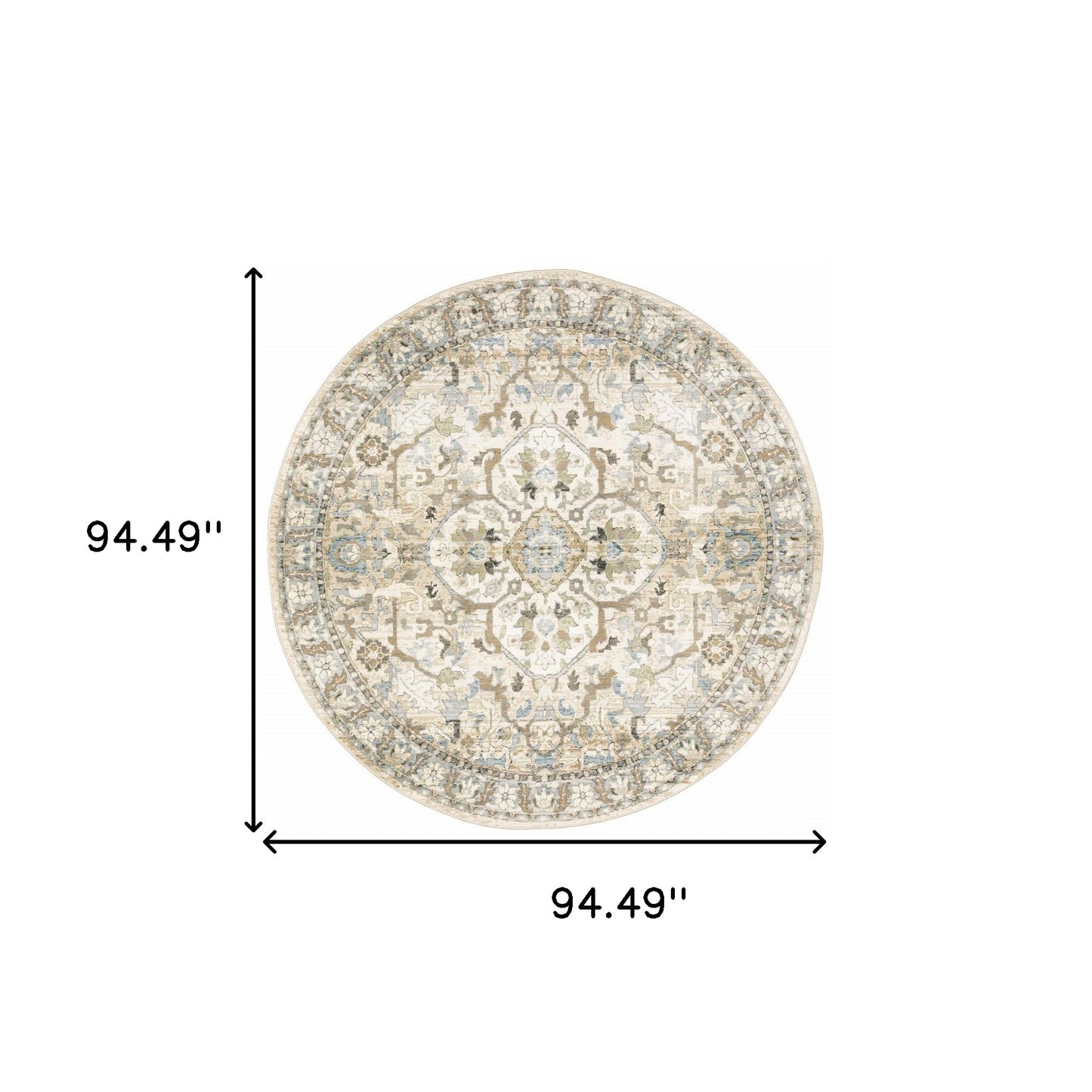 8' Beige and Ivory Round Oriental Power Loom Area Rug