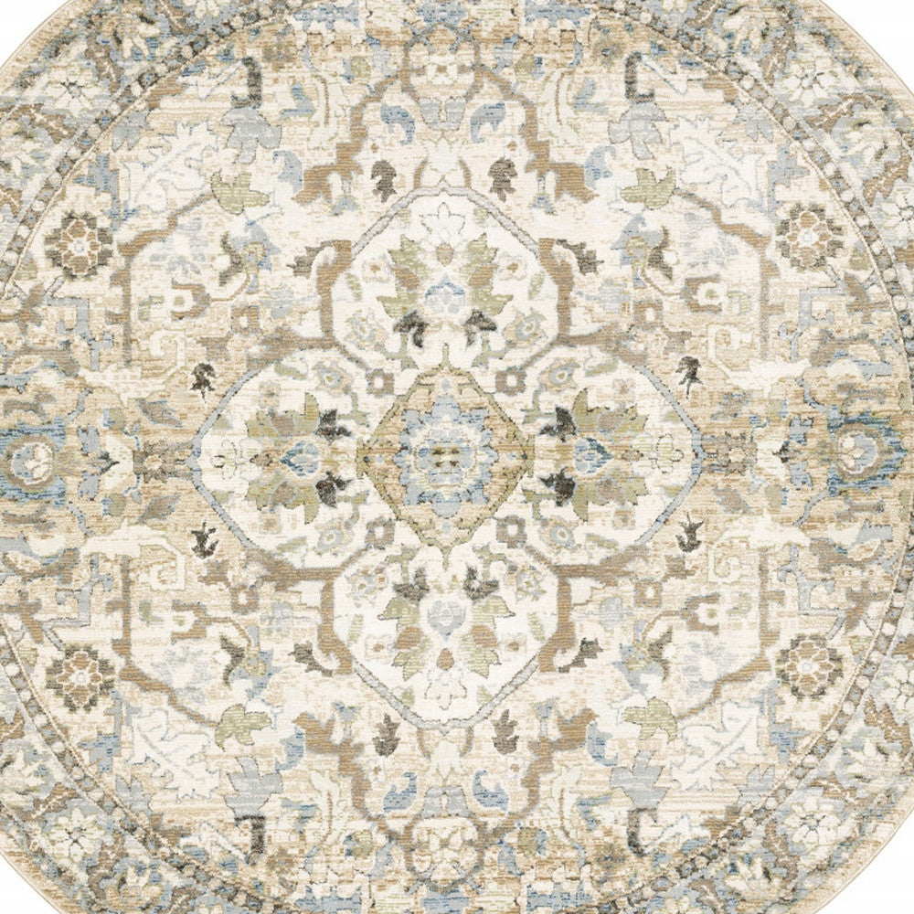 8' Beige and Ivory Round Oriental Power Loom Area Rug