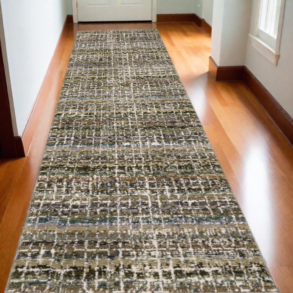 12' Runner Green Abstract Power Loom Runner Rug