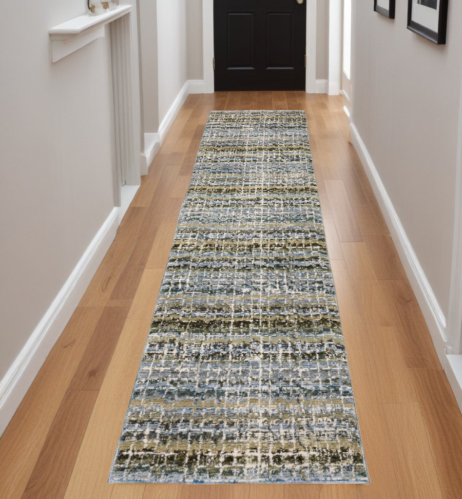 8' Runner Blue and Ivory Abstract Power Loom Runner Rug