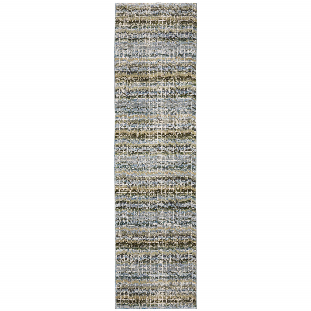 12' Runner Blue Green Teal and Grey Abstract Power Loom Runner Rug