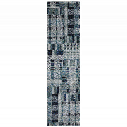 8' Runner Blue Geometric Power Loom Runner Rug