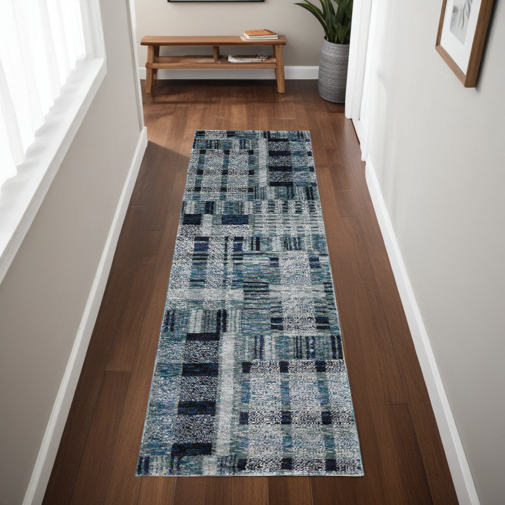 8' Runner Blue Geometric Power Loom Runner Rug