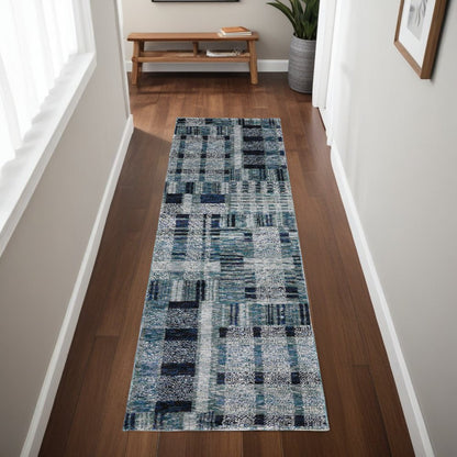 8' Blue And Midnight Geometric Runner Rug