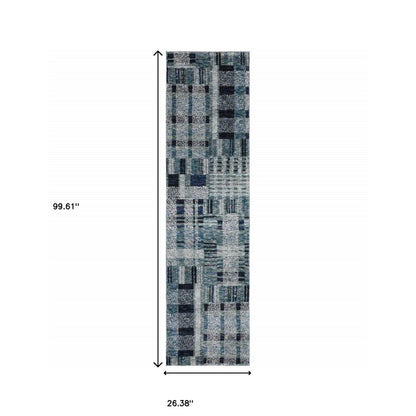 8' Blue And Midnight Geometric Runner Rug