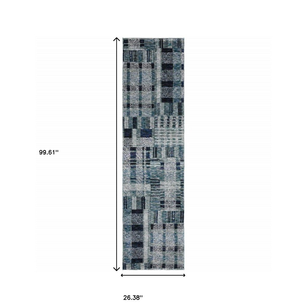 8' Blue And Midnight Geometric Runner Rug
