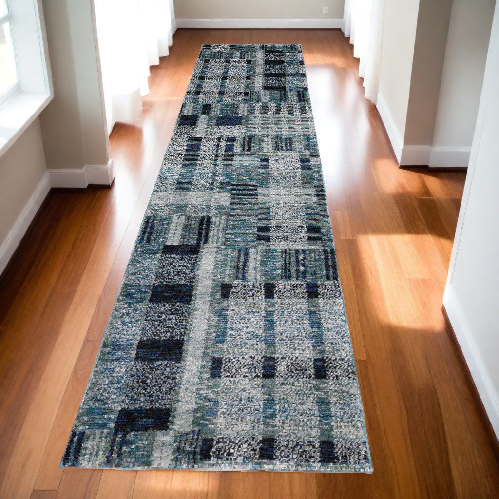 12' Runner Blue Geometric Power Loom Runner Rug