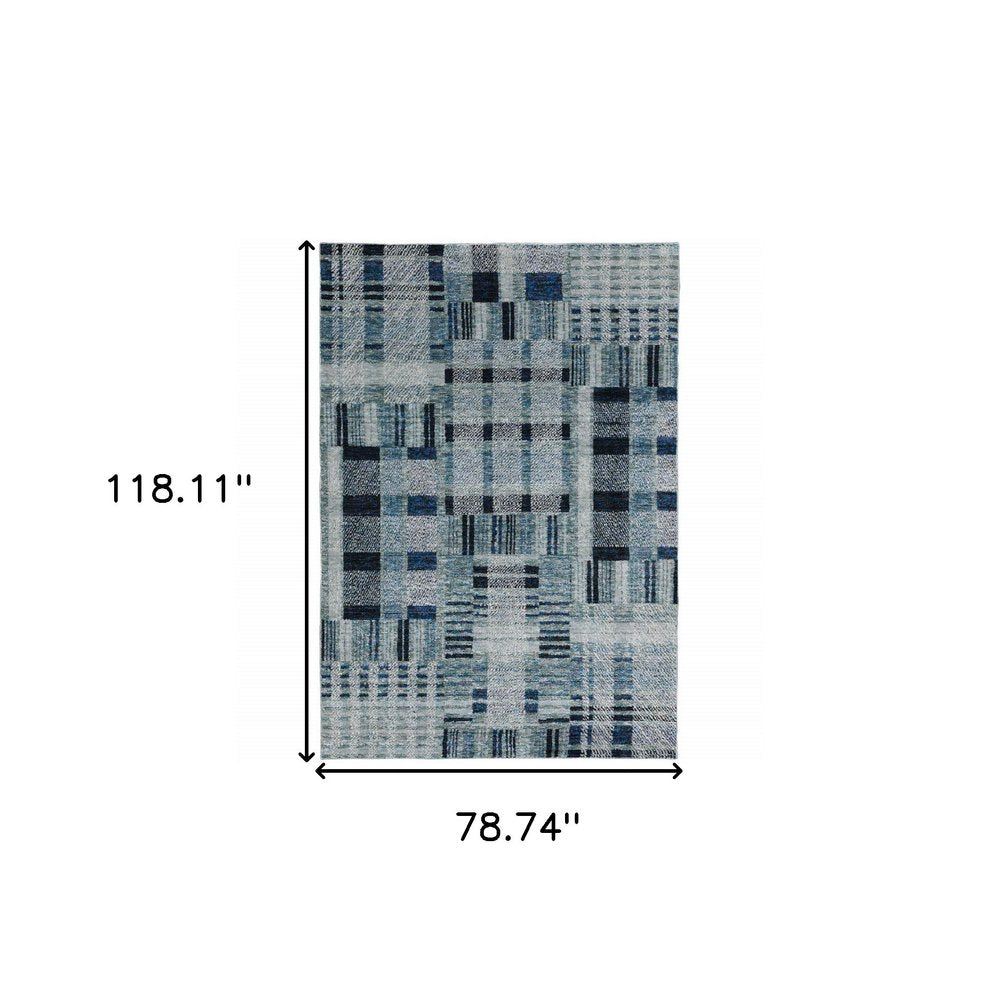 Blue-gray patchwork area rug with geometric blocks, woven texture, rectangular, 118.11 in x 78.74 in