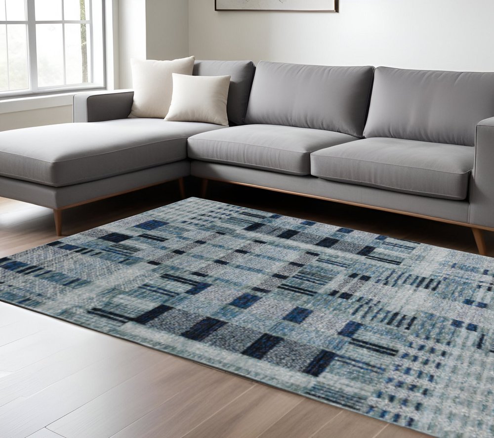 7' X 10' Blue Geometric Power Loom Area Rug