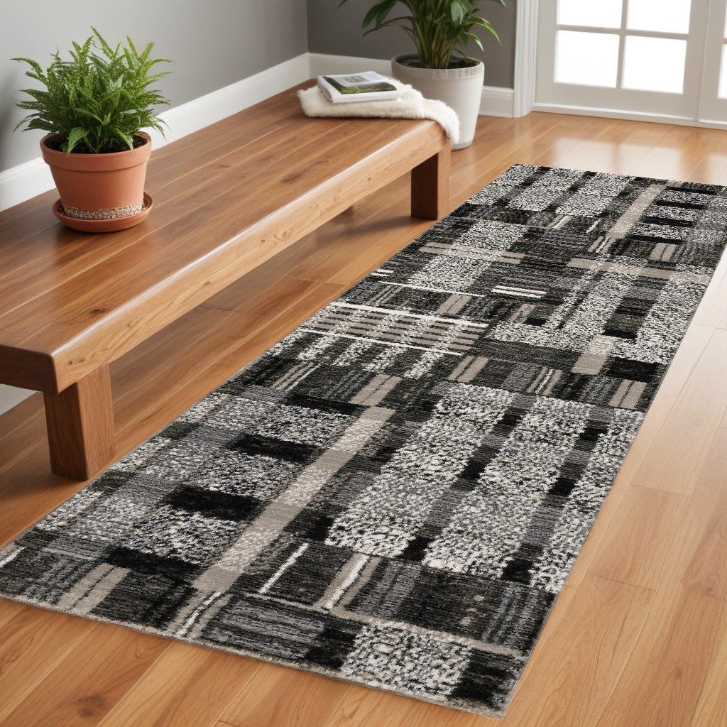 8' Runner Gray and Black Geometric Power Loom Runner Rug