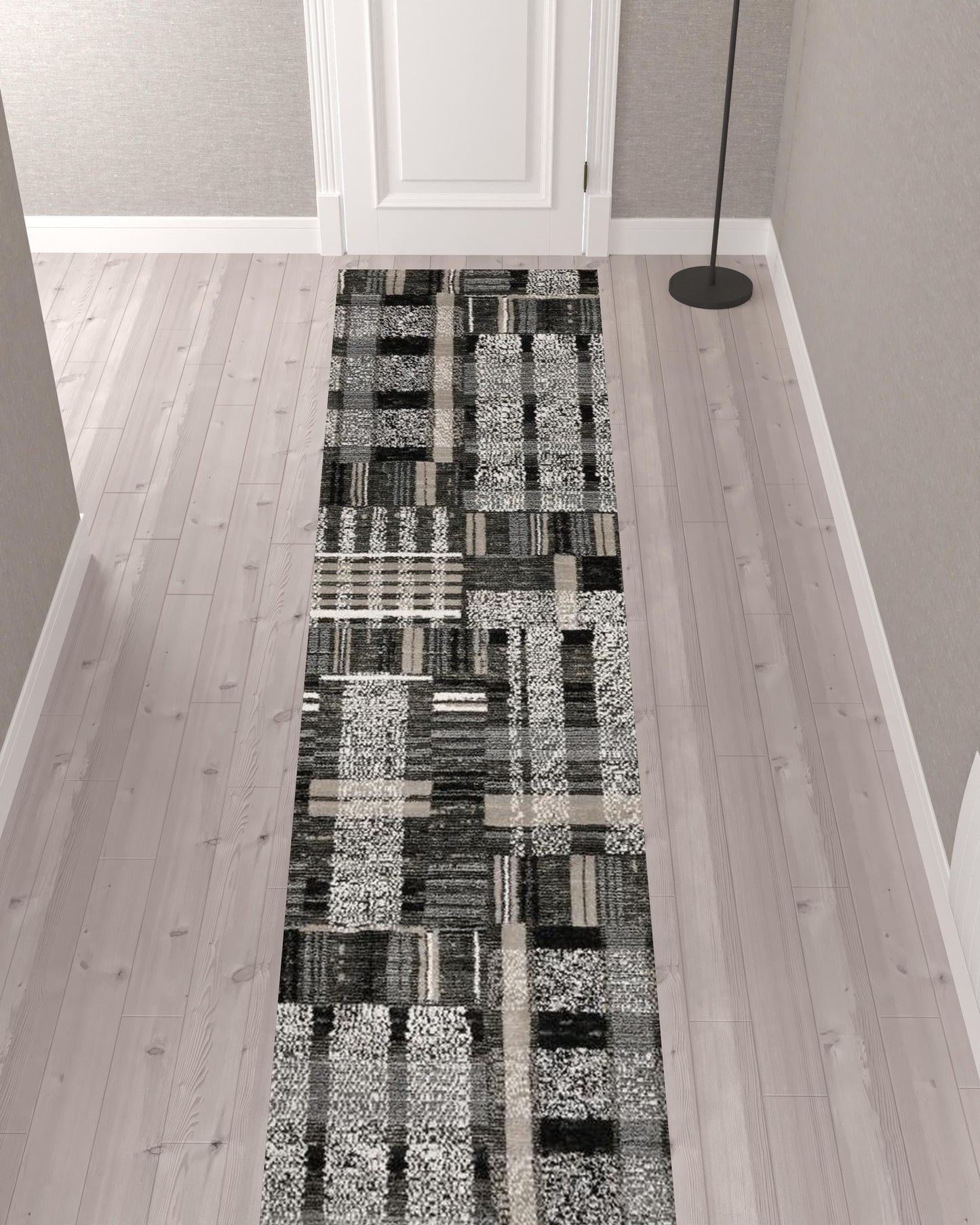 12' Runner Black Grey and Ivory Geometric Power Loom Runner Rug