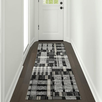 12' Black Gray And Ivory Geometric Runner Rug