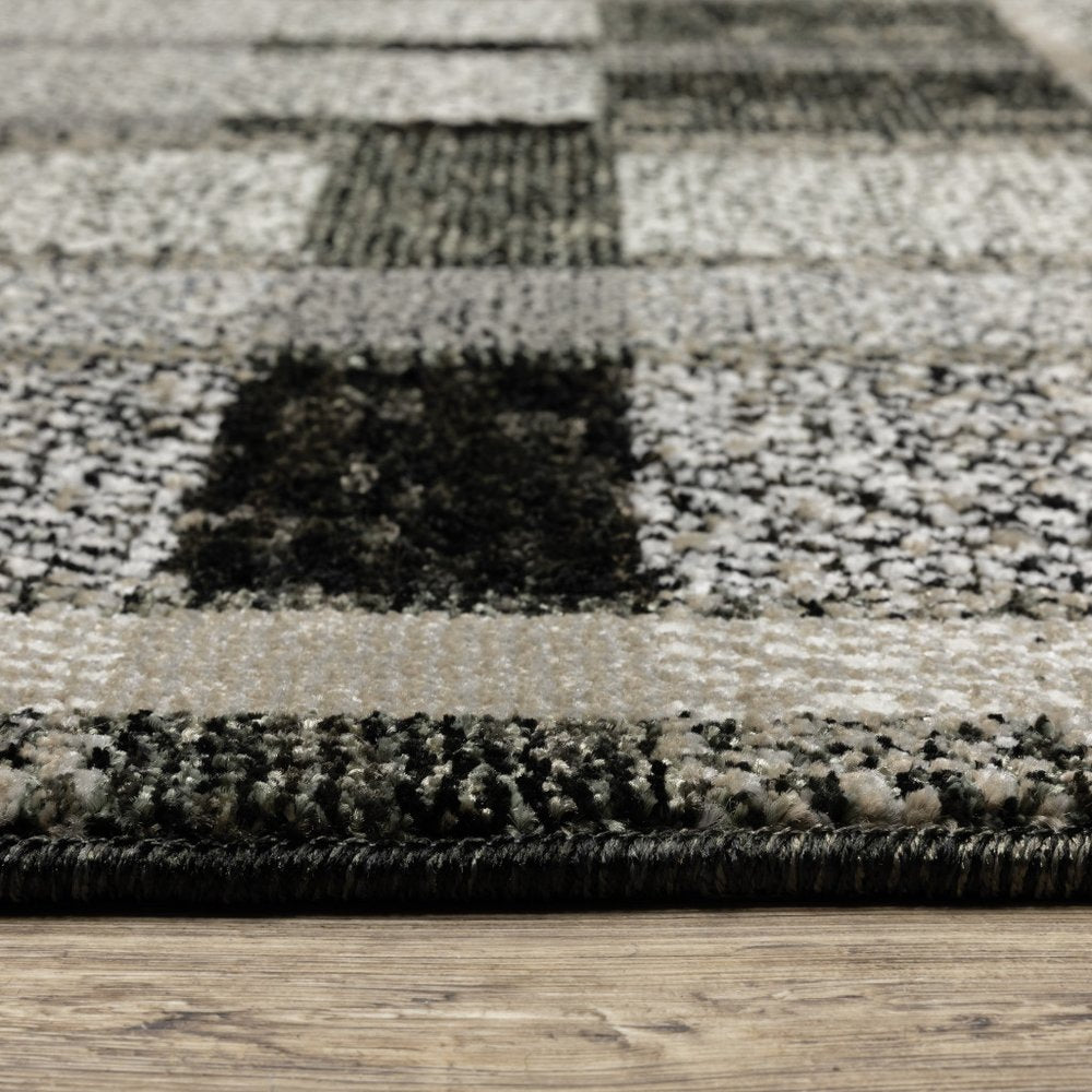 12' Black Gray And Ivory Geometric Runner Rug