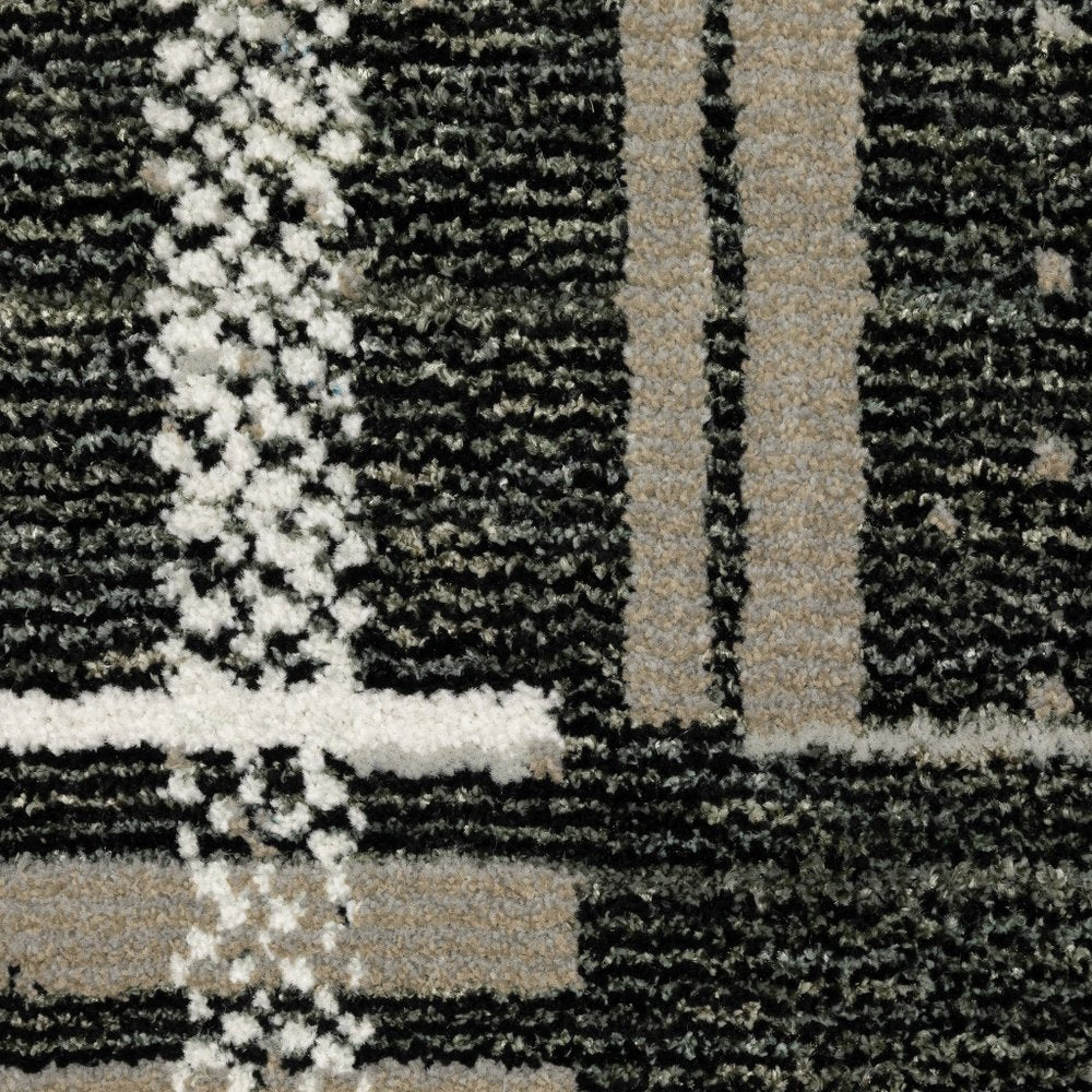 12' Black Gray And Ivory Geometric Runner Rug