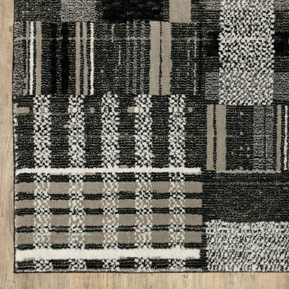 12' Black Gray And Ivory Geometric Runner Rug