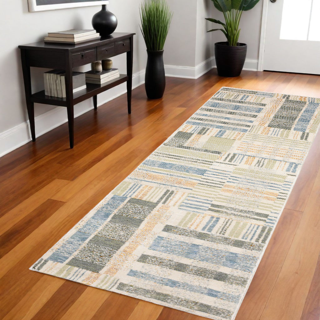 8' Runner Gray and Ivory Geometric Power Loom Runner Rug