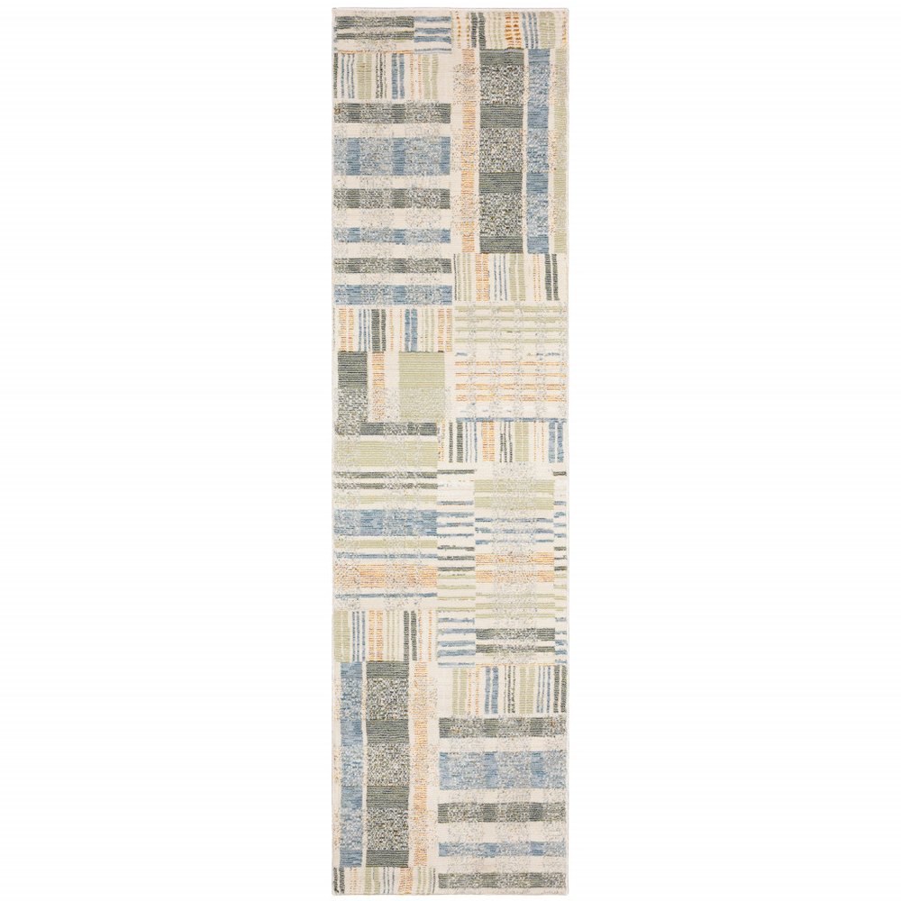 8' Blue And Green Geometric Runner Rug