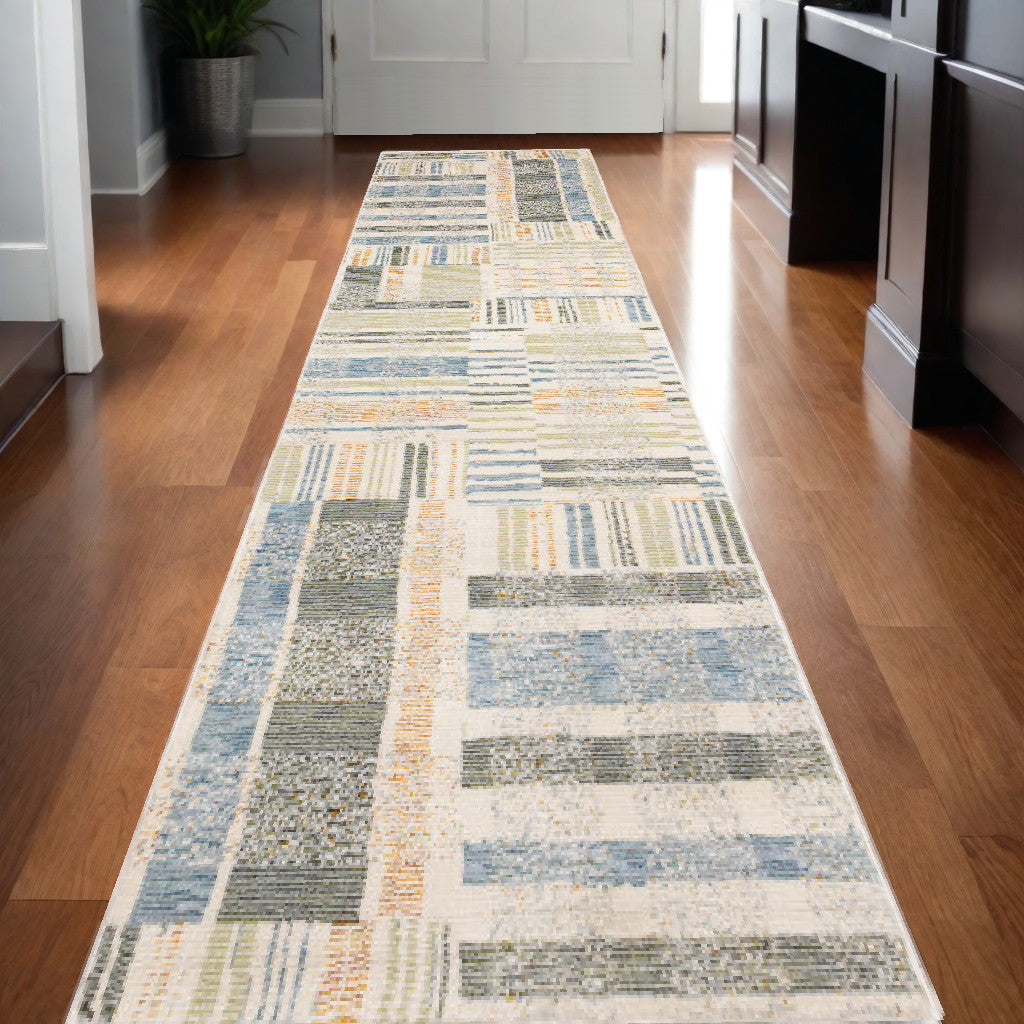 12' Runner Green Grey and Ivory Geometric Power Loom Runner Rug