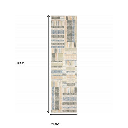 12' Blue And Green Geometric Runner Rug