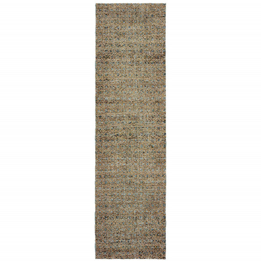 12' Blue And Gold Geometric Distressed Runner Rug