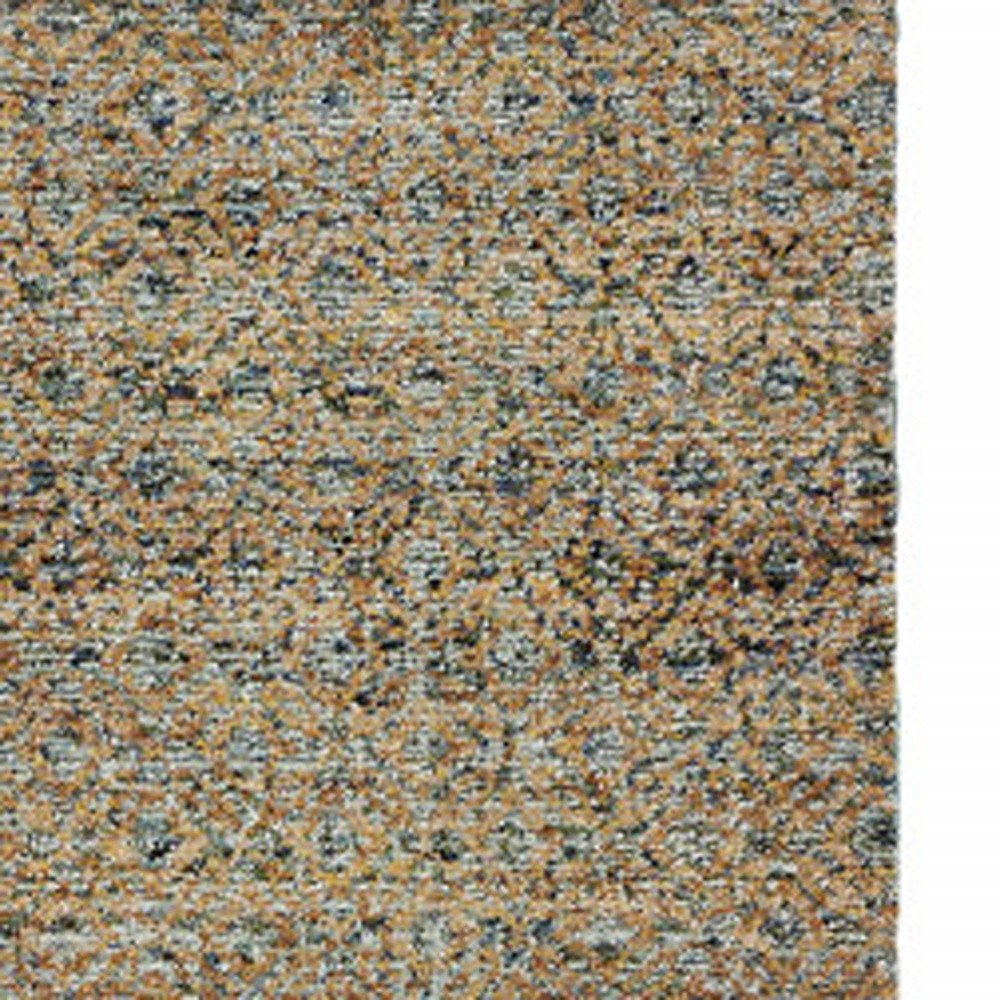 12' Blue And Gold Geometric Distressed Runner Rug