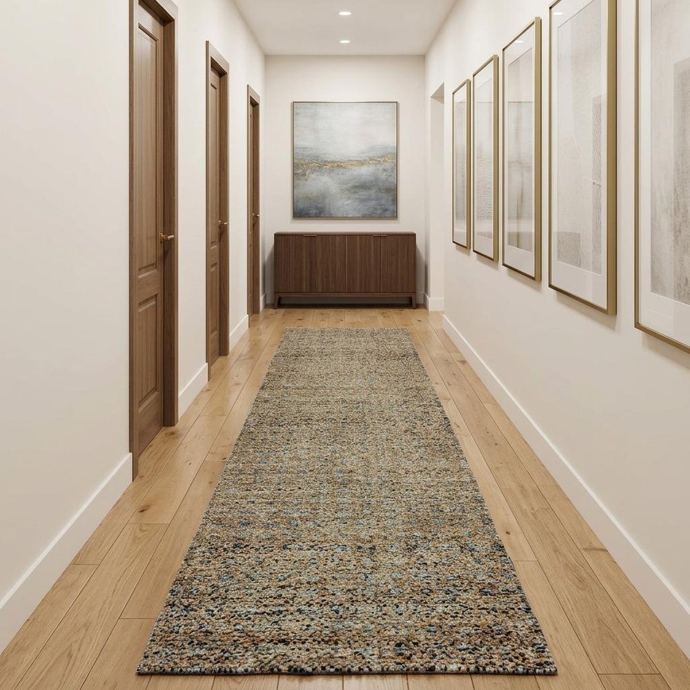 12' Blue And Gold Geometric Distressed Runner Rug