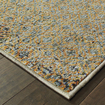 8' X 11' Blue And Gold Geometric Distressed Area Rug