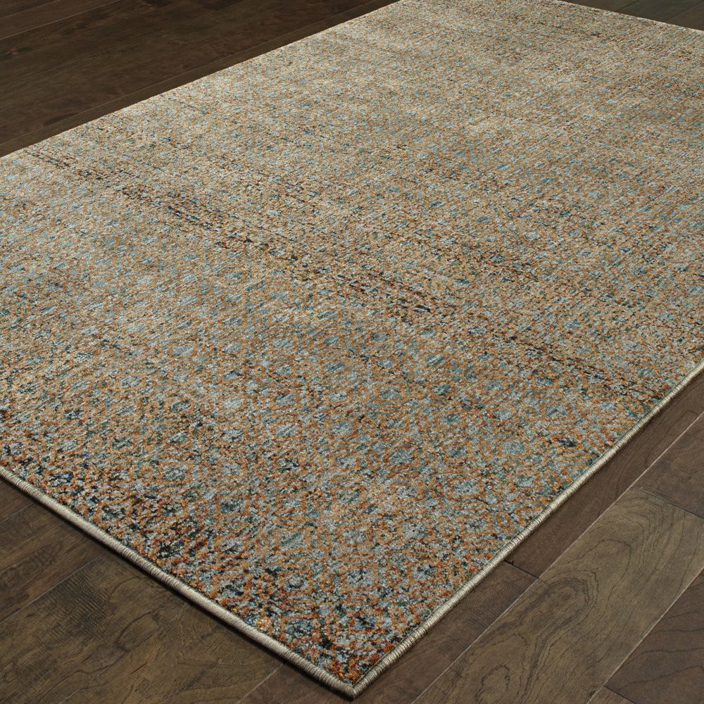 8' X 11' Blue And Gold Geometric Distressed Area Rug