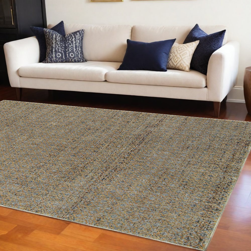 9' X 12' Blue And Gold Geometric Distressed Area Rug
