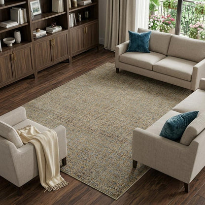9' X 12' Blue And Gold Geometric Distressed Area Rug