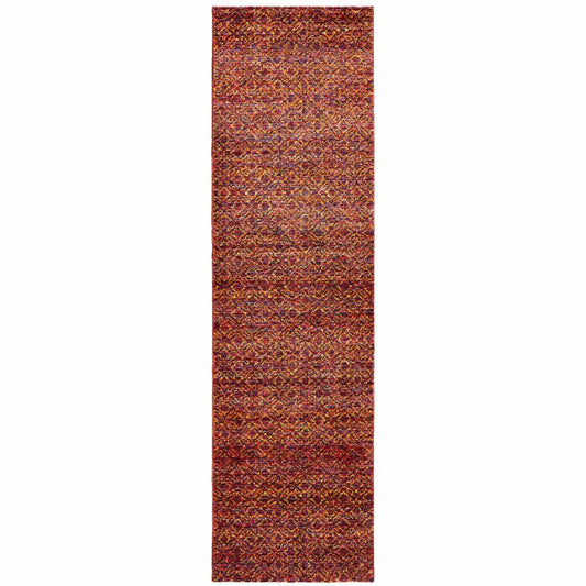 8' Red And Rust Geometric Distressed Runner Rug
